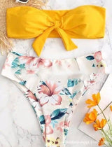 Split Tube Top Print Sexy Bikini-Yellow-4