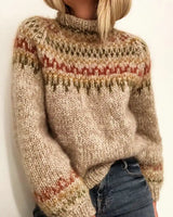 Cozy beige knit sweater with warm multicolor Nordic pattern.
