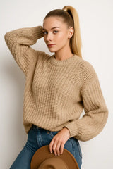 Beige chunky knit sweater for women - cozy oversized winter pullover