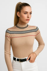 Beige ribbed turtleneck top with black and red stripe detail - chic fitted knit for women